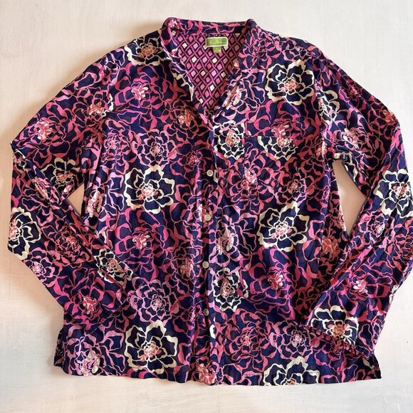 Vera Bradley Button Up Shirt XL Katarina Floral Boho Pink And Blue - Picture 1 of 13